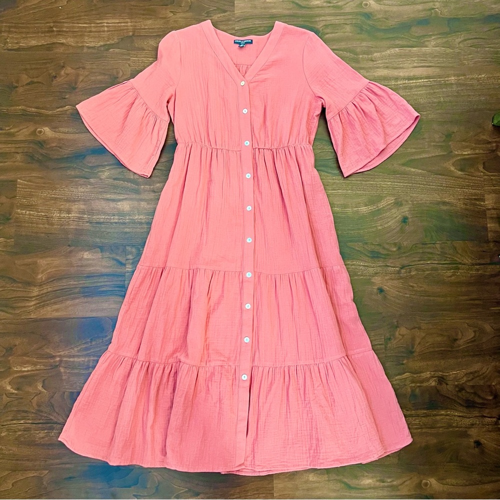 Chelsea & Theodore Button Front Tiered Cotton Midi Dress 3/4 Sleeve Coral Size S